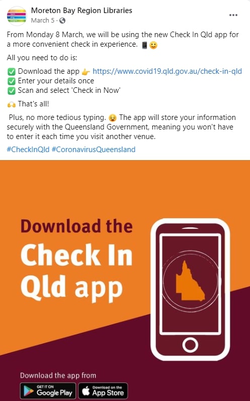 Moreton Bay Region Libraries Facebook Post 8 March 2021 - Introduction of the Check In Qld app