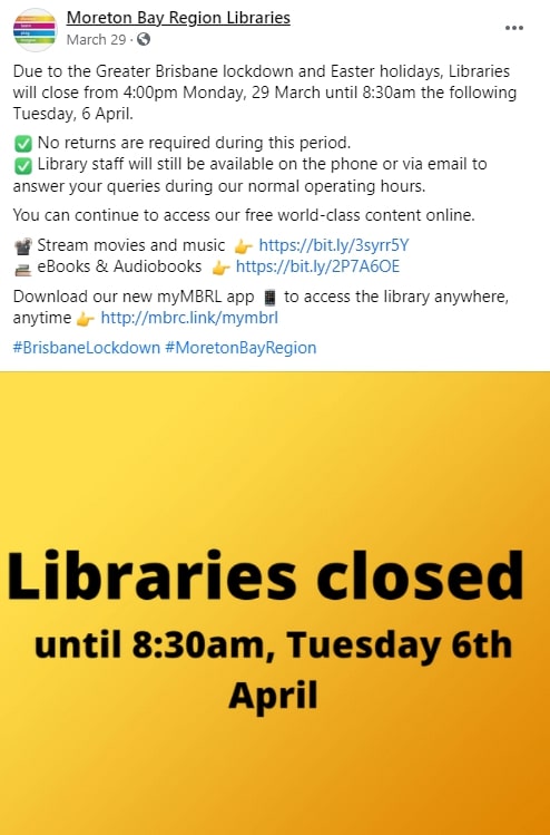 Moreton Bay Region Libraries Facebook Post 29 March 2021 - Libraries closed