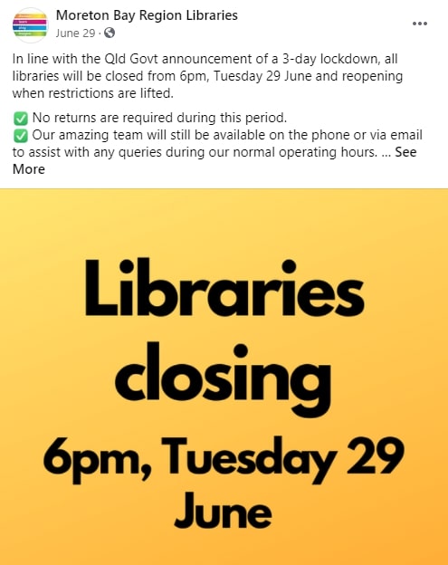 Moreton Bay Region Libraries Facebook Post 29 June 2021 - 3-day Lockdown