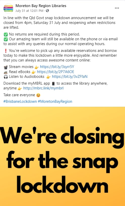 Moreton Bay Region Libraries Facebook Post 31 July 2021 - Snap Lockdown
