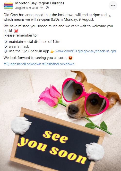 Moreton Bay Region Libraries Facebook Post 8 August 2021 - Libraries Reopen