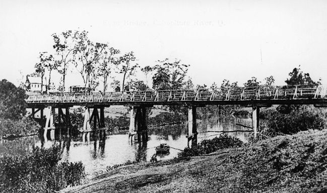 The original Caboolture River wooden bridge in the late 1880s