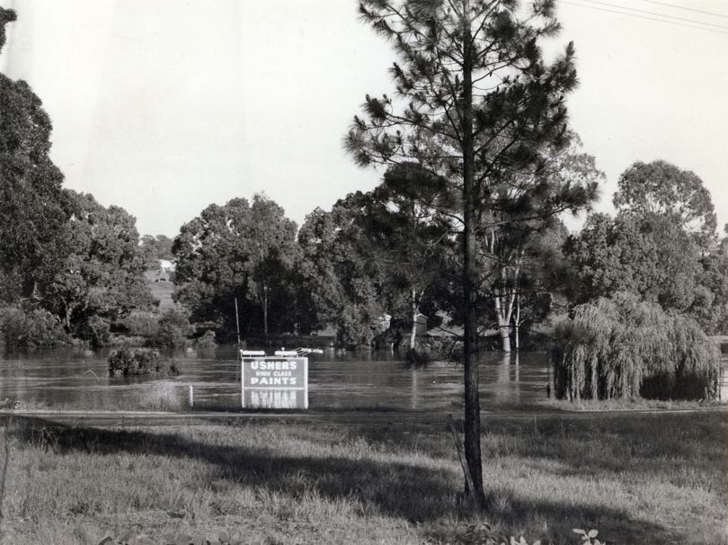 Caboolture River in minor flood just upstream of Morayfield Road in 1970