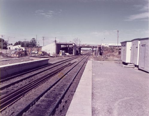 Wooden overhead railway bridge in King Street Caboolture