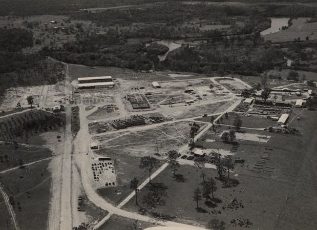 Aerial view of Petrie Mill under construction