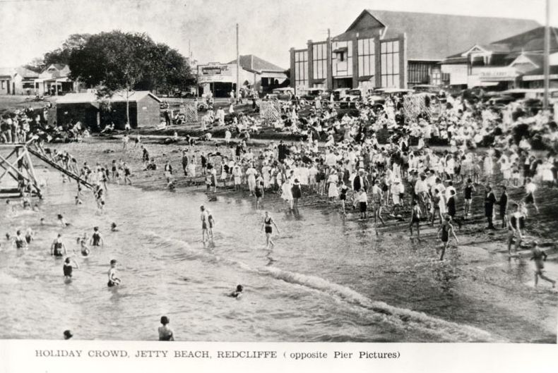 Holiday crowd at Jetty Beach Redcliffe opposite Pier Pictures