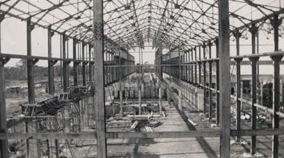 Mill construction view from interior of metal skeleton