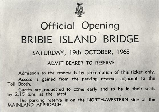 Ticket for admission to the parking reserve for the official opening of the Bribie Island Bridge