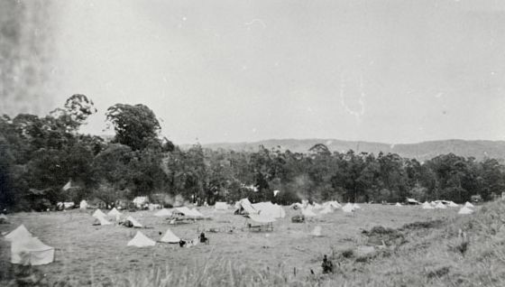 Scout camp on flat next to Wararba Creek, ca. 1958