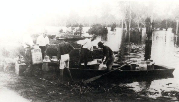Workers getting cream to the Woodford Butter Factory during 1920s flood