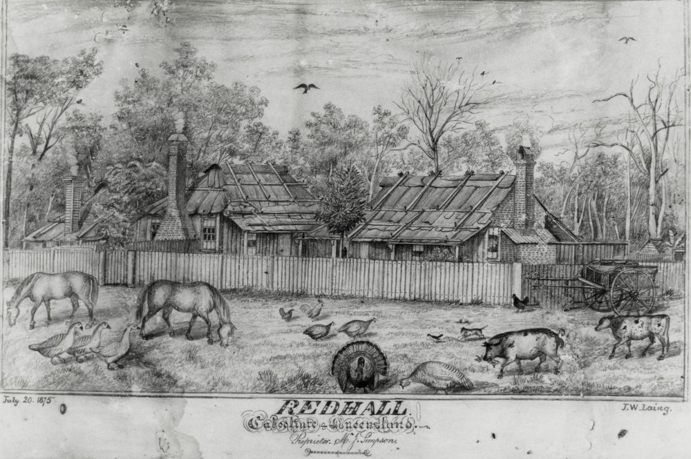 Sketch by J.W. Laing of a pioneer homestead called Redhall