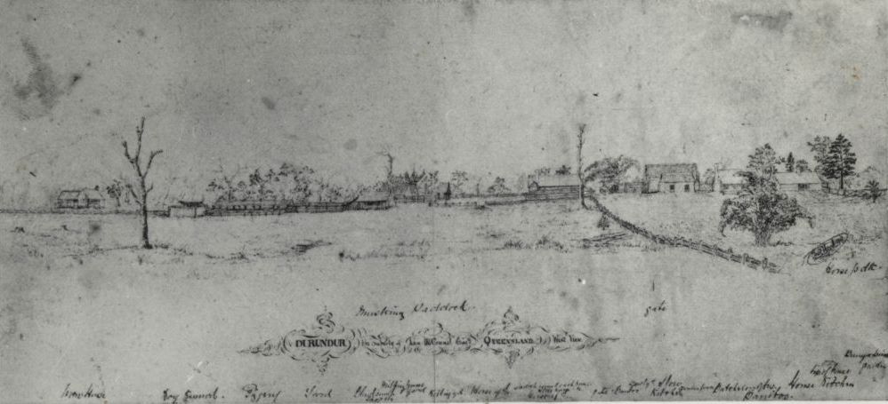 A pen and ink sketch of Durundur Homestead between 1850 and 1890