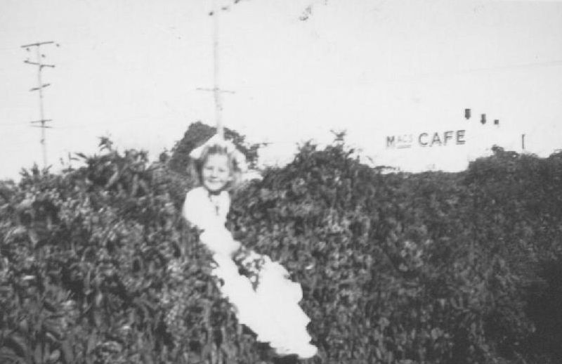 Daphne Henderson sitting on a hedge