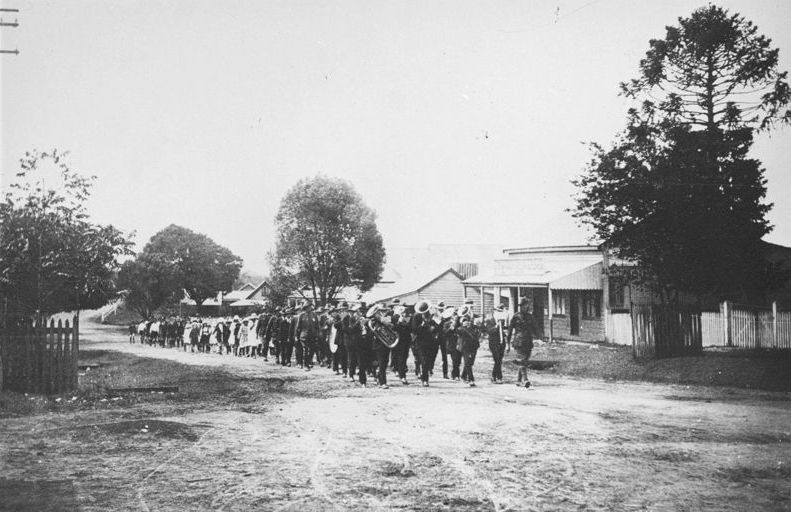 Caboolture's first Anzac Day march in King Street Caboolture