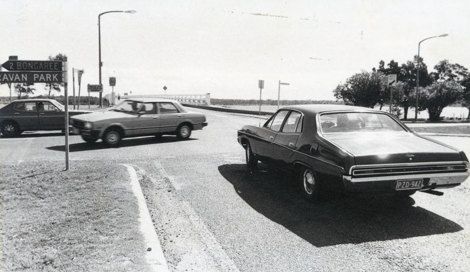 Intersection with Bribie Island Road (Bribie Island end of bridge), Welsby Parade, Sylvan Beach Esplanade and Benabrow Avenue