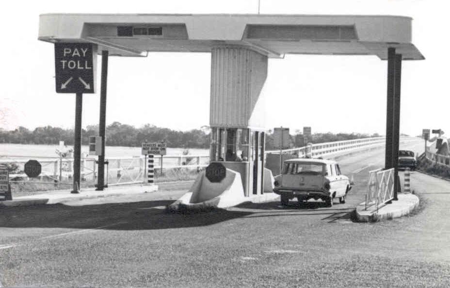 Stopping to pay the toll on the Bribie Island Bridge