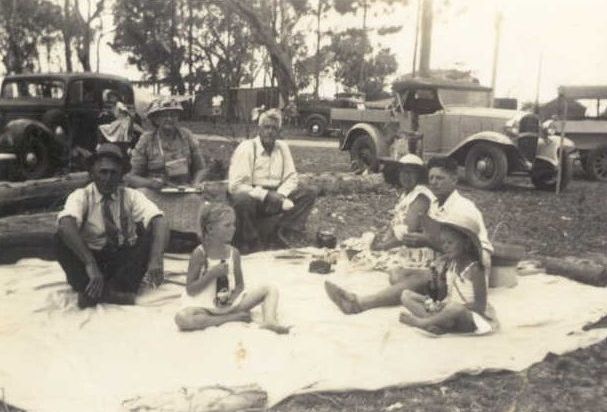 Wally, Myrtle, Joan and Carole Lehman on a picnic at Beachmere in the 1940s