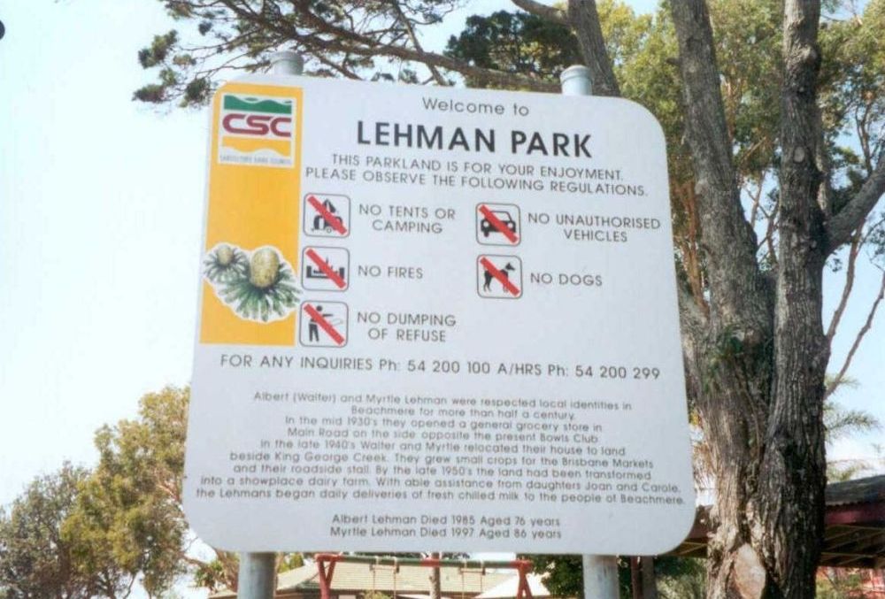 Sign in Lehman Park Beachmere which was named after Albert (Wally) and Myrtle Lehman