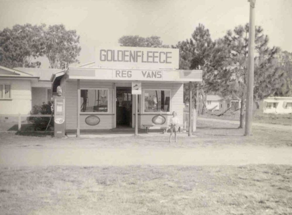 Alison Algate (nee Collins) in front of the shop located at 10 Alice Street Donnybrook, ca. 1963-1964