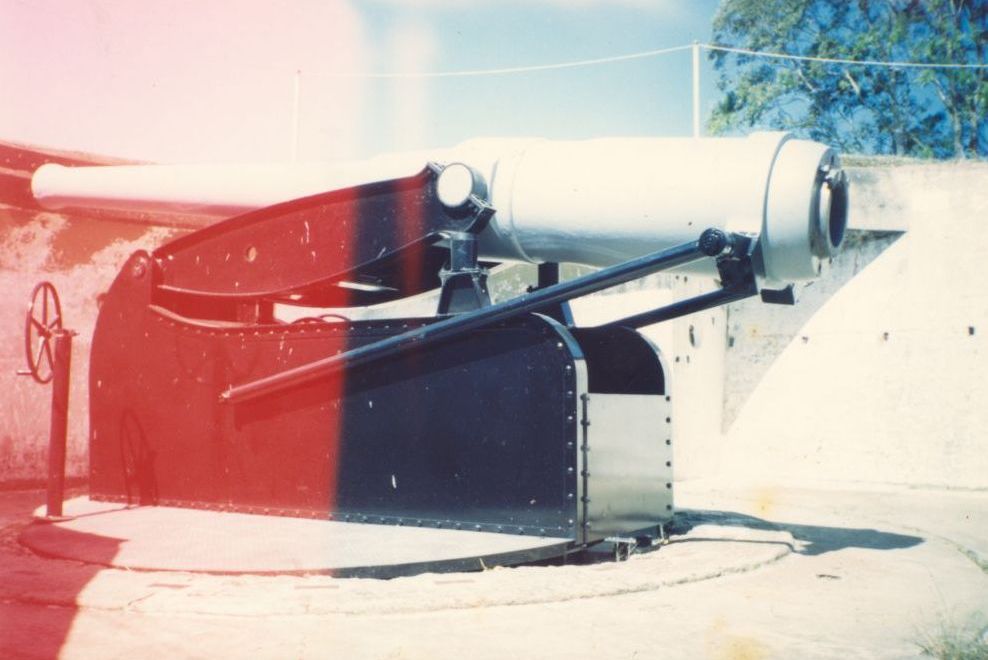 The 6-inch Armstrong disappearing gun which occupied pits one and two of Fort Lytton