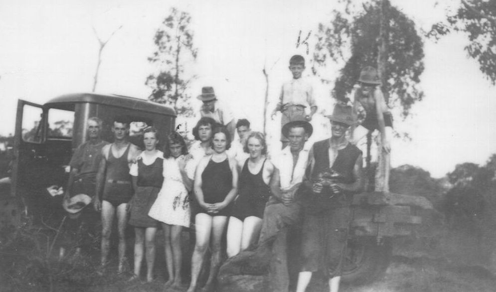 The Henderson, Bridges and McLoughlin families swimming at Burpengary Creek in 1938