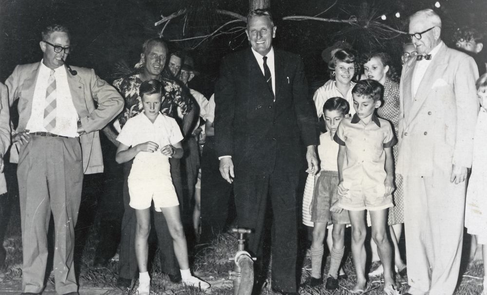 Premier of Queensland, Mr G.F.R. (Frank) Nicklin (M.L.A.) officially turns the water supply on in Caboolture in 1959