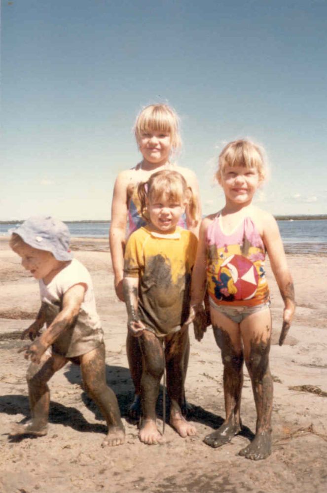 Sam, Leanne, Laurie and Julie Algate wearing their Donnybrook Boots (mud boots) at Donnybrook in 1985