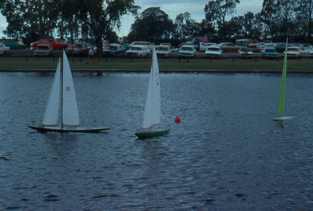 Radio controlled sailing boats on Centenary Lakes, ca. 1975