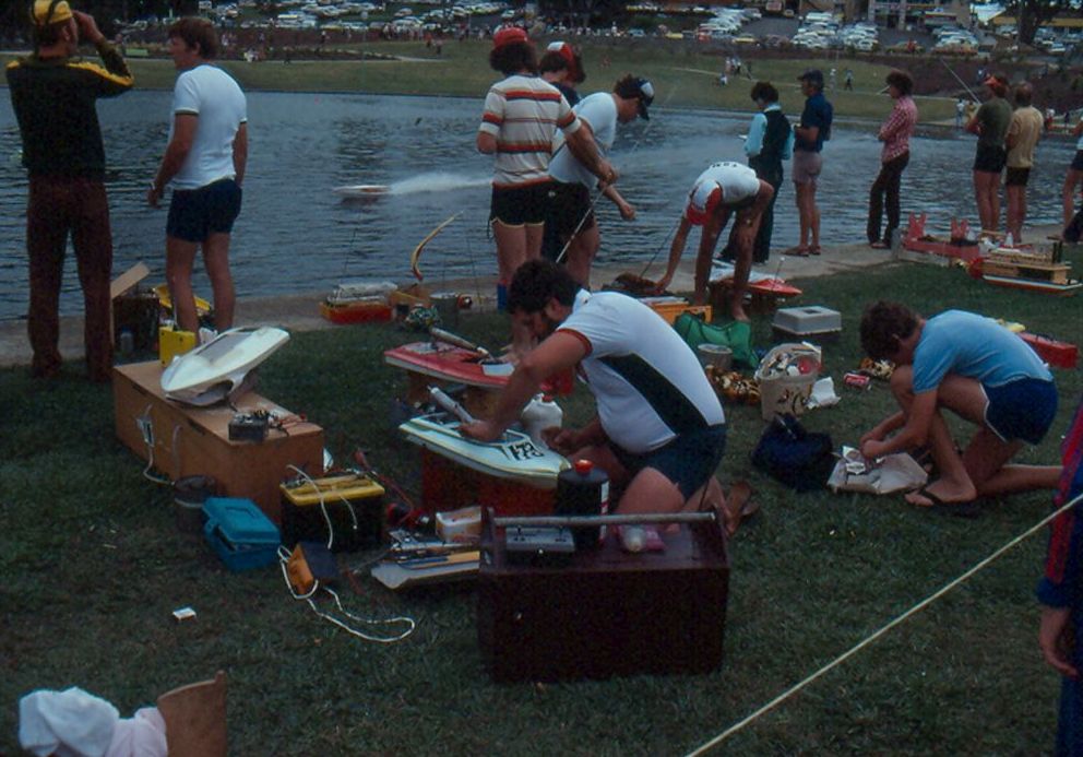 Model speedboat racing on the Centenary Lakes, ca. 1979