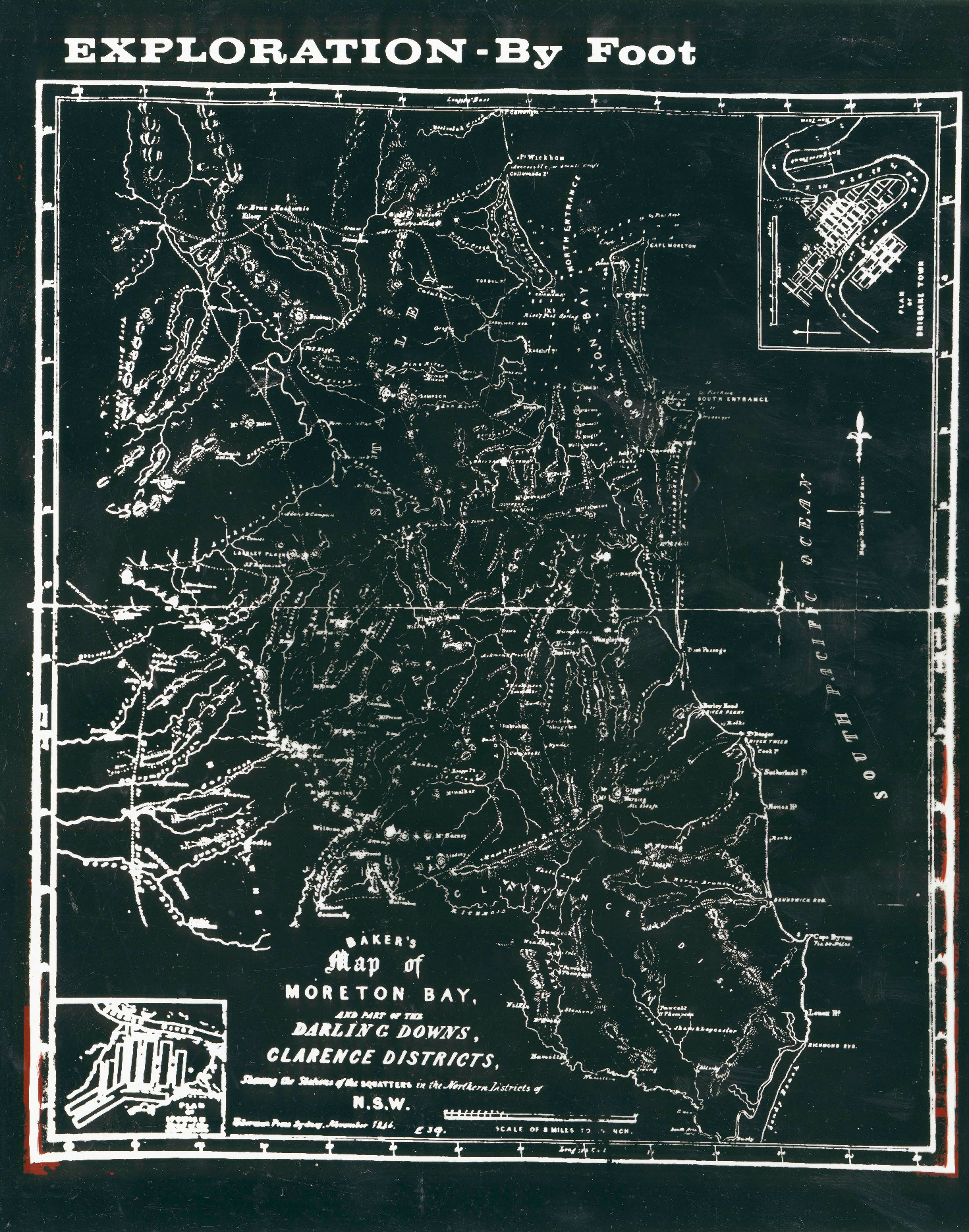 Negative of Baker's 1846 Map of Moreton Bay - Exploration By Foot