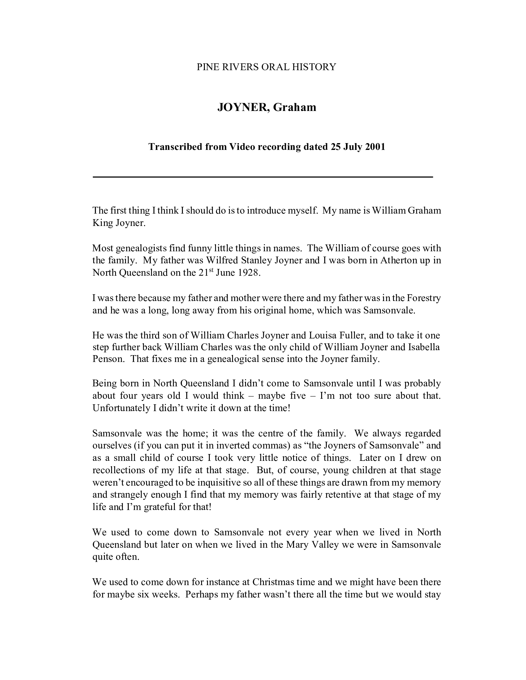 William (Graham) King JOYNER - Interviewed on 25 July 2001 - Transcript