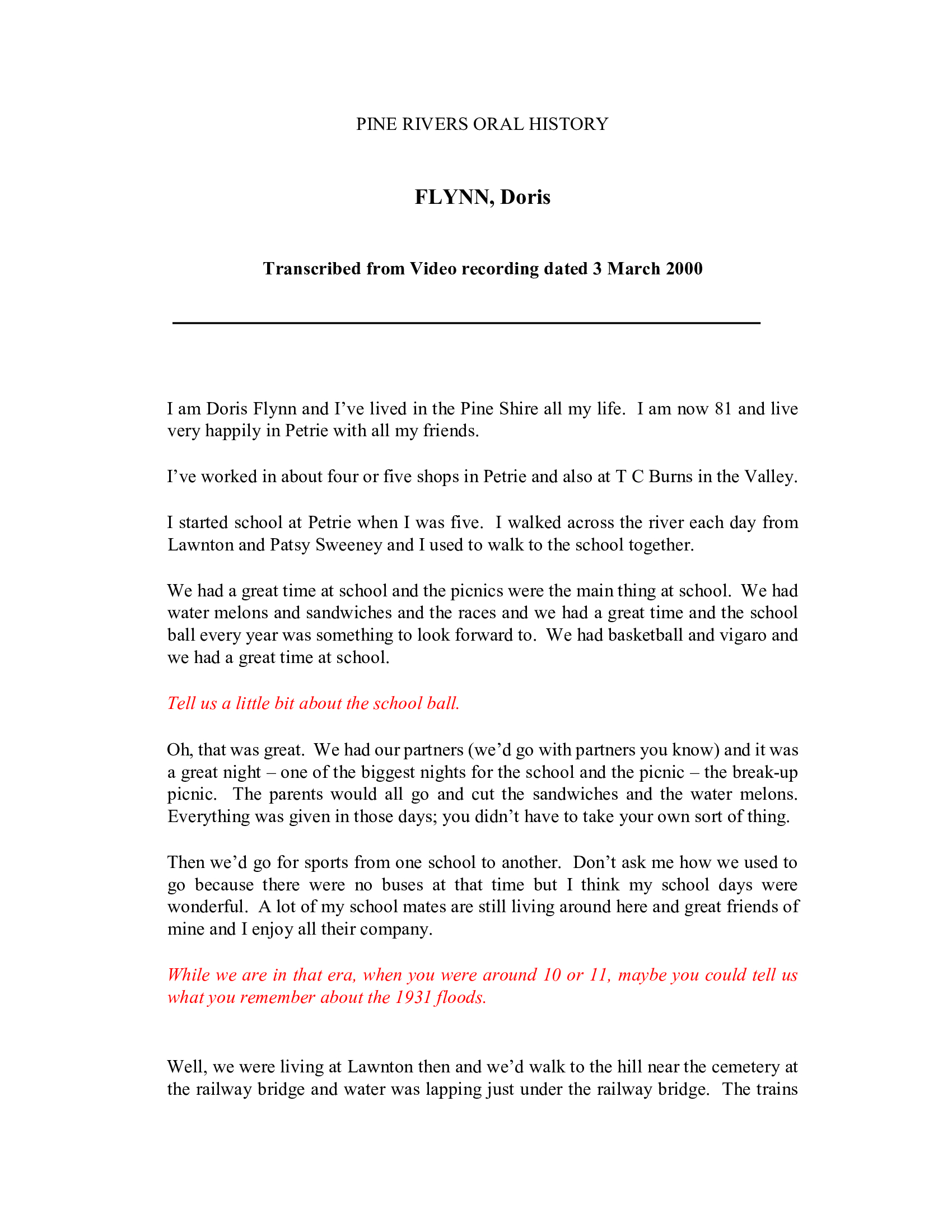 Doris FLYNN - Interviewed on 3 February 2000 - Transcript