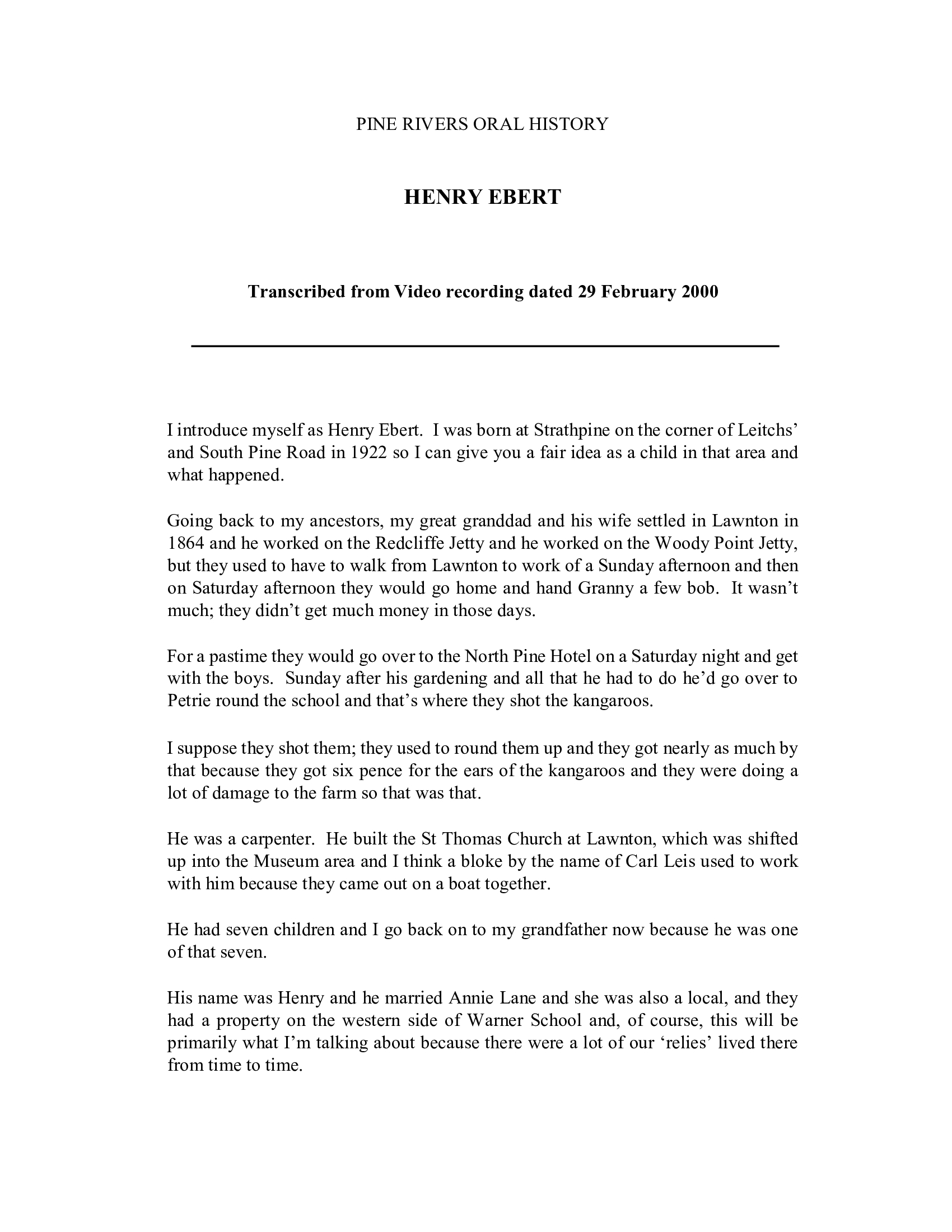 Henry Ebert - Interviewed on 29 February 2000 - Transcript