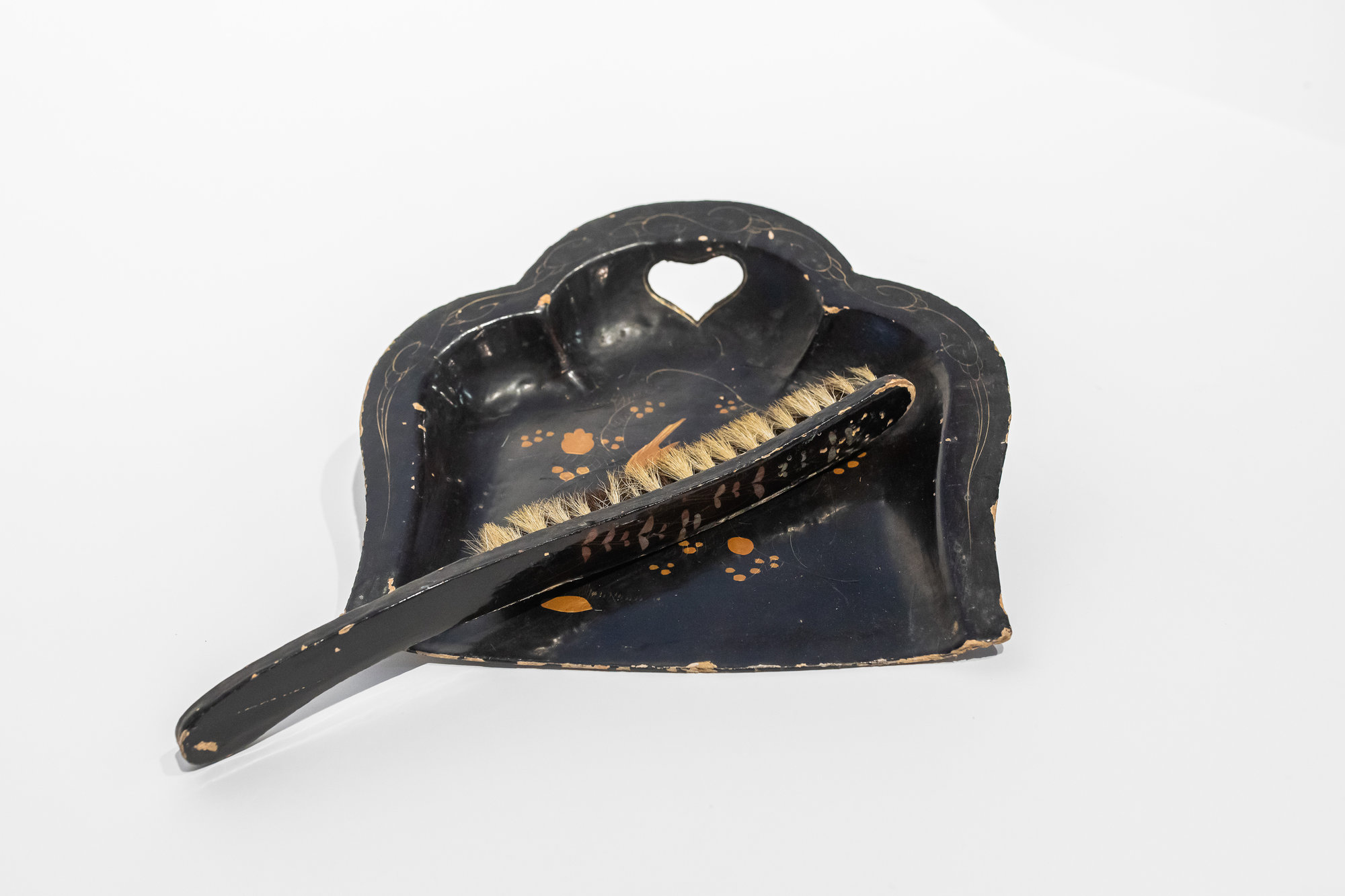 Crumb brush and pan, lacquered wood and papier mache with natural bristles 