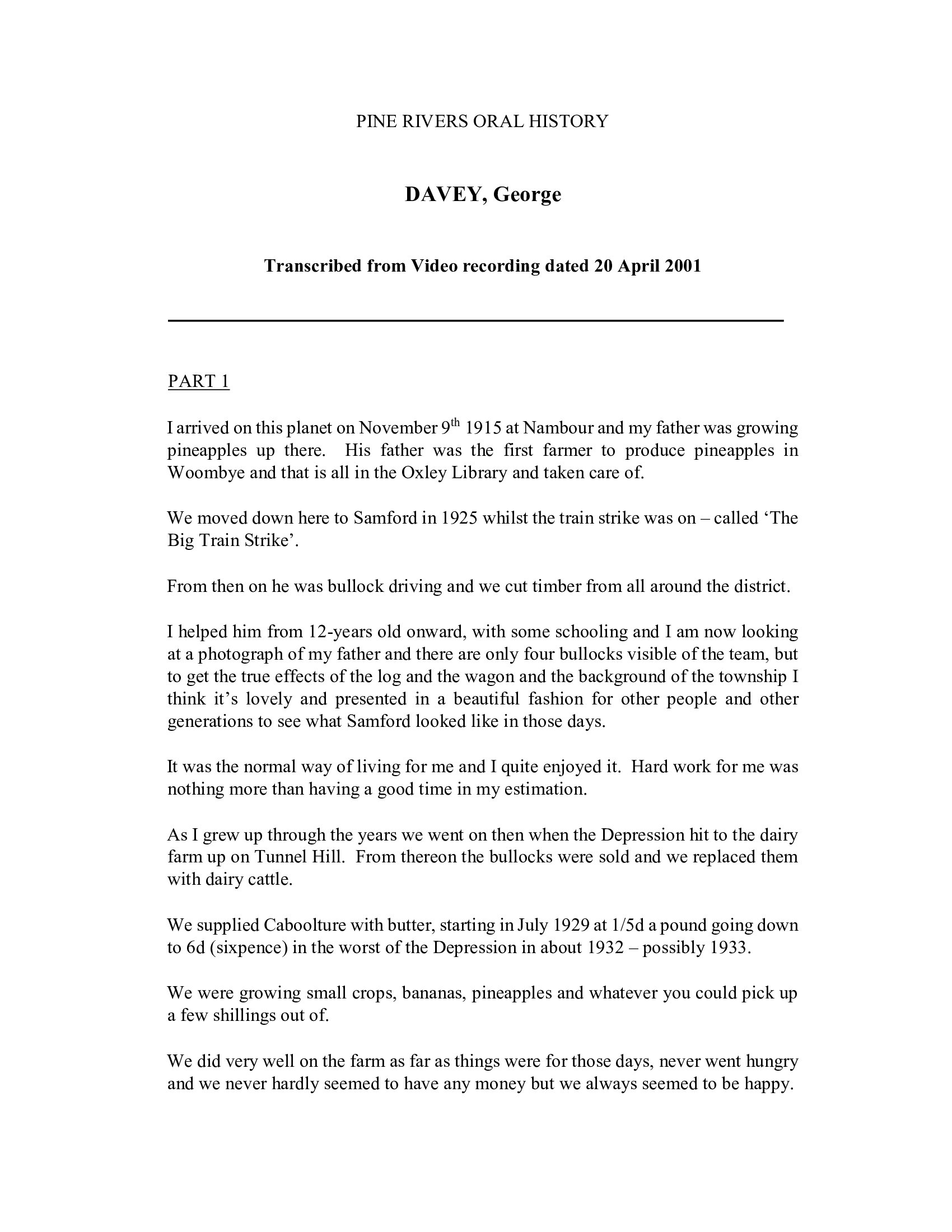 George DAVEY - Interviewed on 20 April 2001 - Transcript