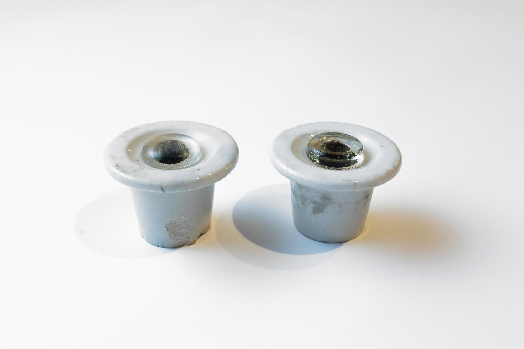 Set of two school desk inkwells - Ceramic with glass stoppers