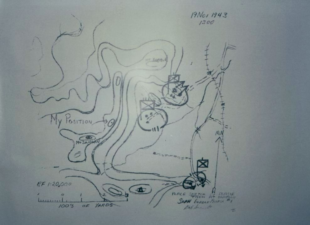 Hand-drawn map of 1st Cavalry Division manoeuvres in Samsonvale, dated 1943
