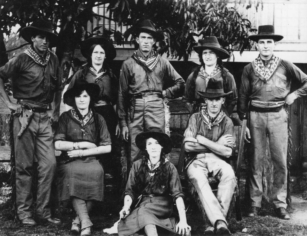Group of locals ready for a fancy dress dance at the Strathpine Hall (Old Shire Hall) in 1919.