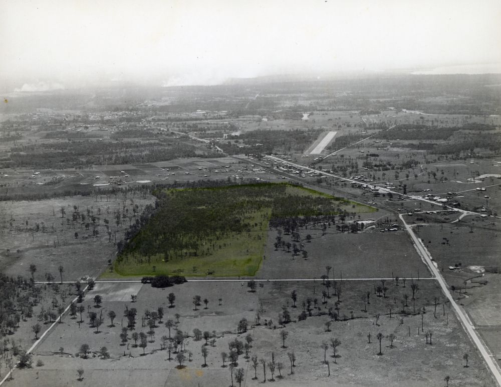 Early 1950s aerial photograph of Strathpine looking northeast towards Deception Bay