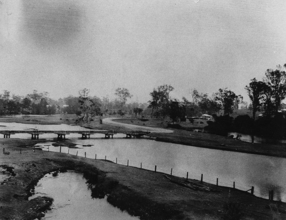 Sweeney Reserve and the old low level road bridge over the North Pine River during the late 1920s
