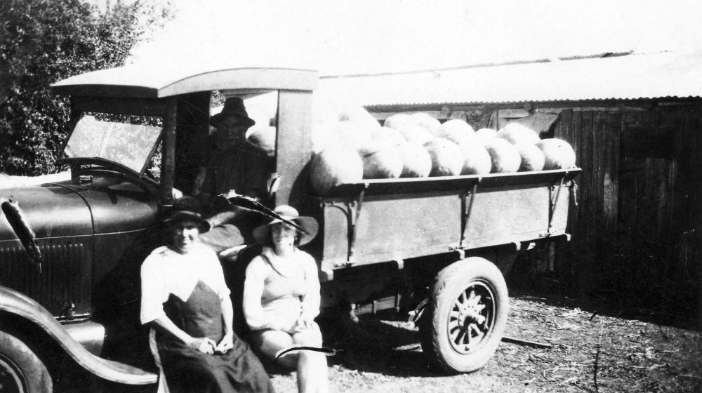 Dohle family on the farm at Dohles Rocks with a truck load of watermelons, ca. 1949