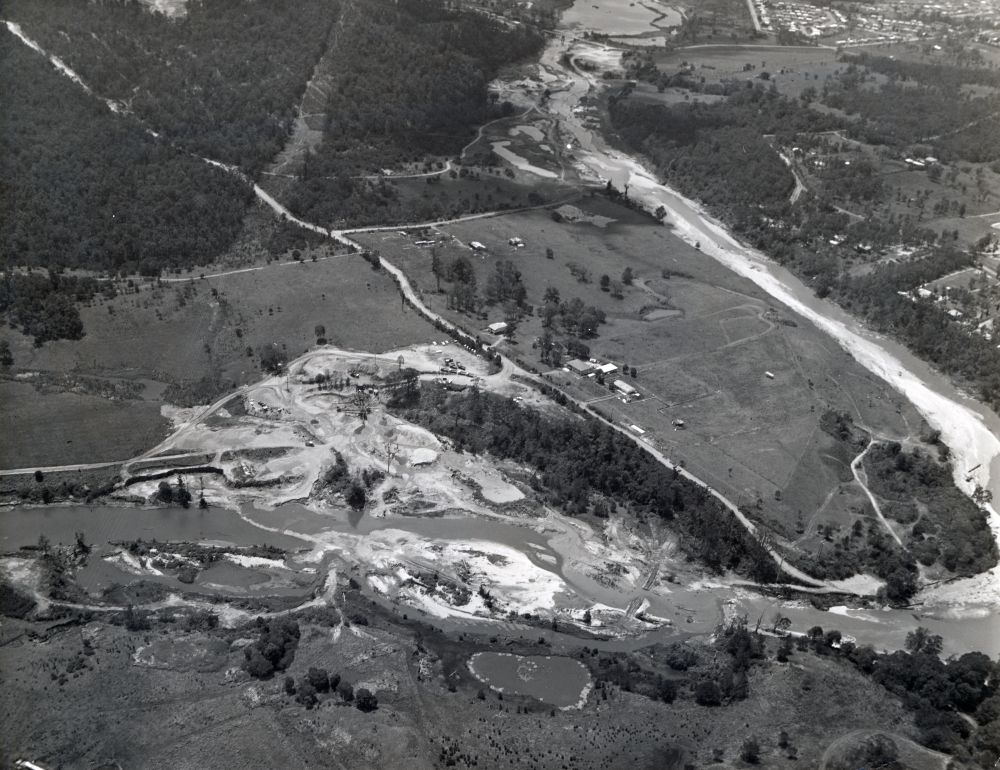 Aerial photograph looking northeast over the operations of North Coast Quarries on the South Pine River, 1972