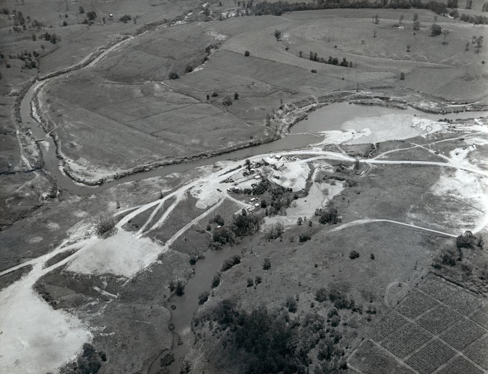 Aerial photograph showing construction of the North Pine Dam, 1972