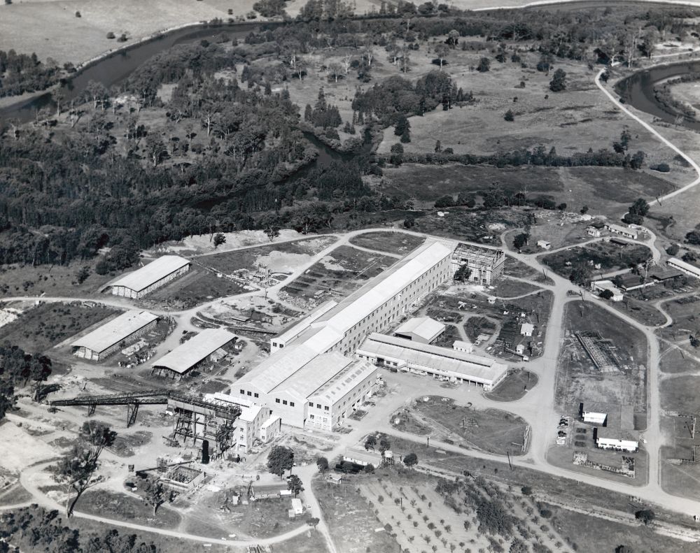 Aerial view of the Australian Paper Manufacturers (APM) Petrie Mill, ca. 1957