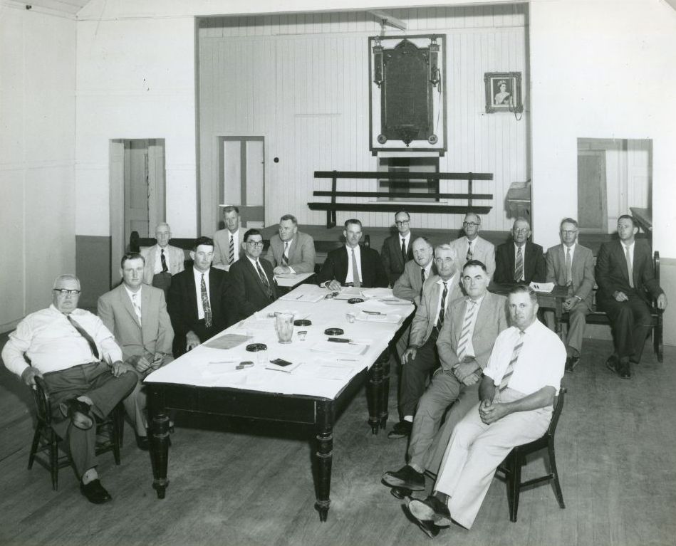 Members of the 1958-1961 Pine Rivers Shire Council attending the last meeting held in the Old Shire Hall, 1960