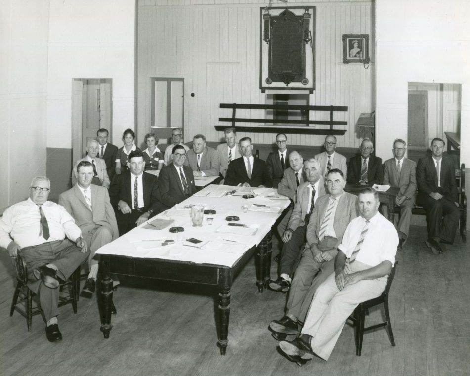 Members of the 1958-1961 Pine Rivers Shire Council attending the last meeting held in the Old Shire Hall, 1960
