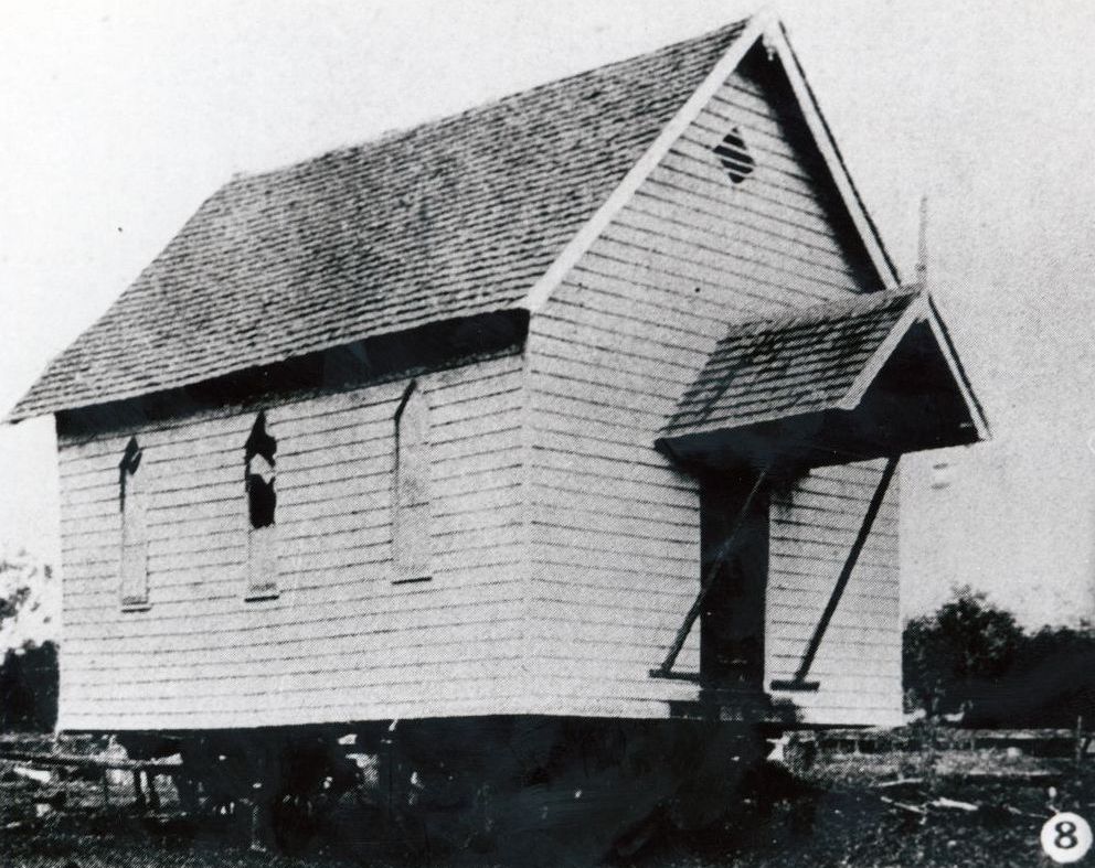 North Pine Wesleyan Church mounted on wheels and removed to its new site on Old Dayboro Road, North Pine (Petrie), 1907