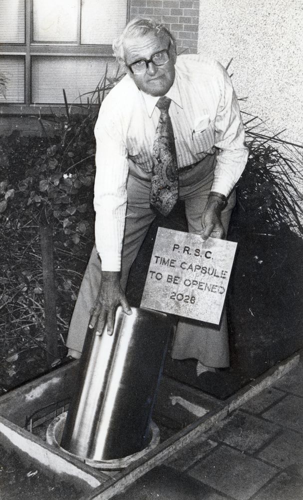 Pine Rivers Shire Council, Shire Chairman, Les Hughes, with a stainless steel time capsule