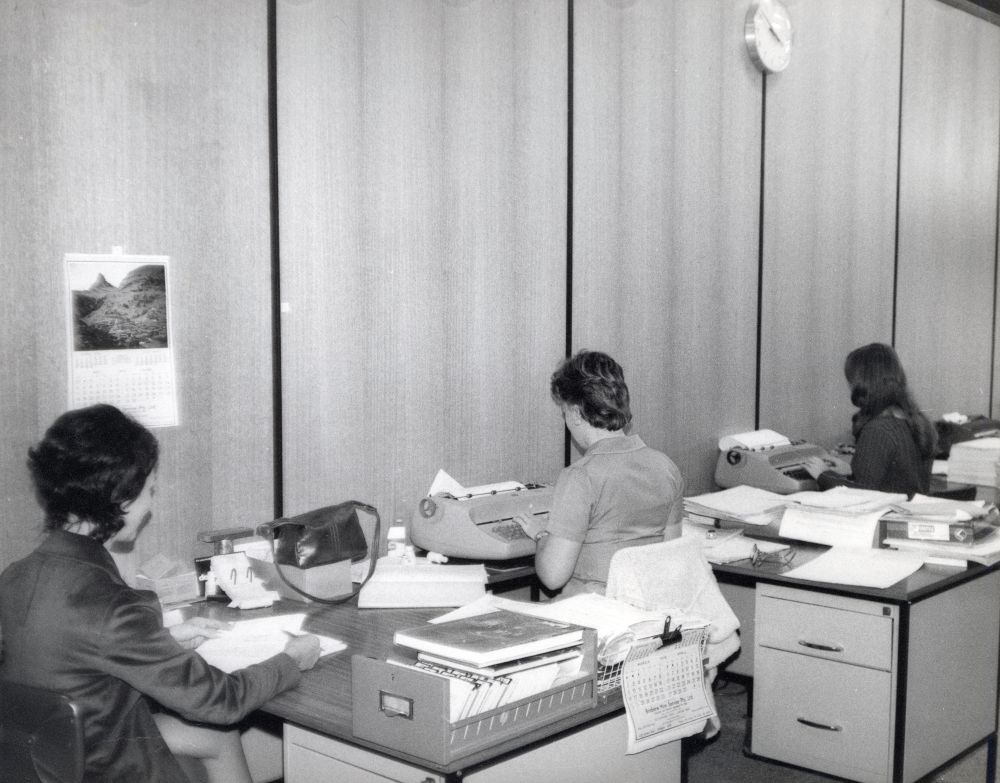 Three female employees at work in the typing pool, Pine Rivers Shire Council, July 1975