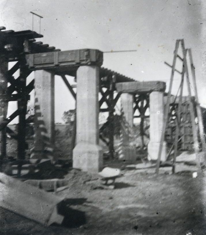 The present concrete railway bridge over the North Pine River near Petrie under construction, 1912